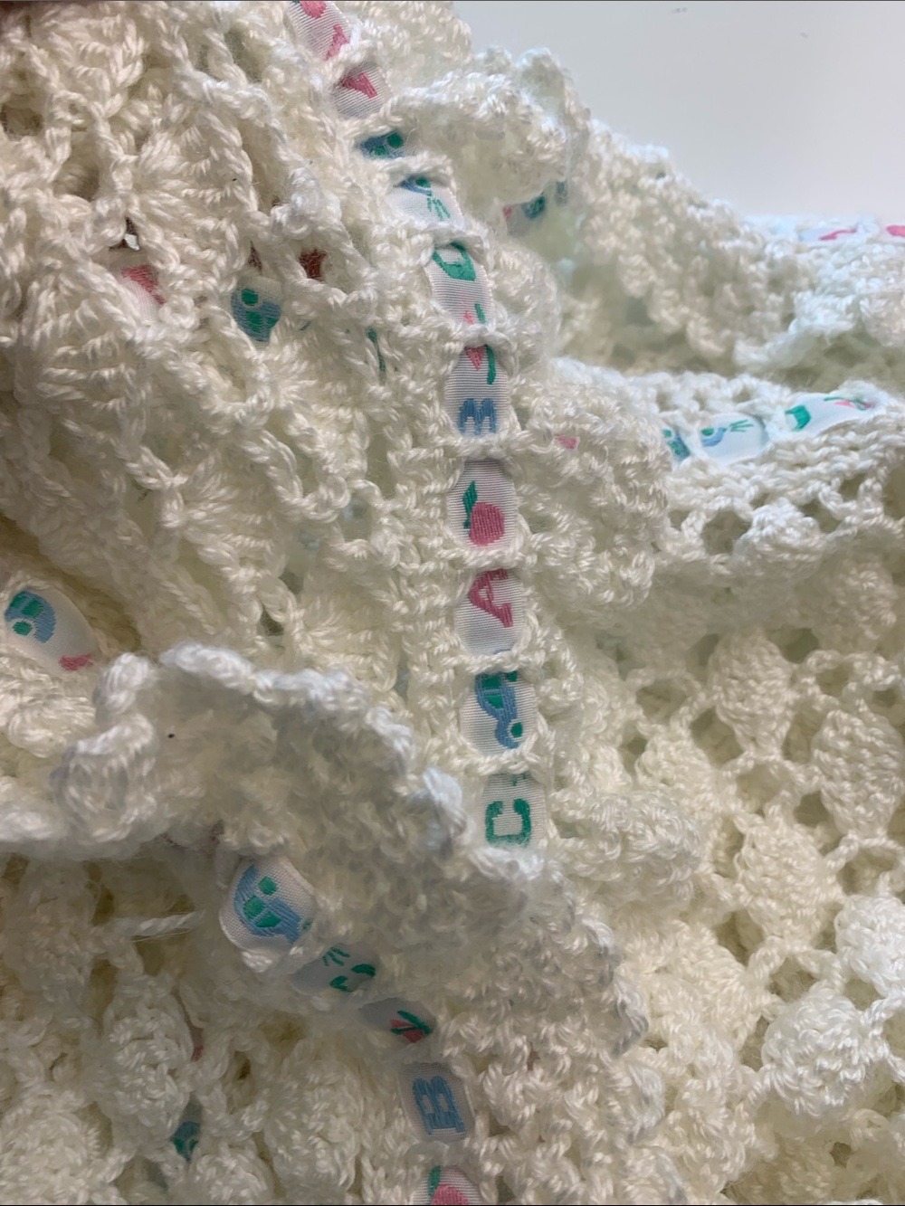 Soft Handmade White Crochet Baby Blanket w Pastel Ribbon Trim 52”by 35”,Acrylic
